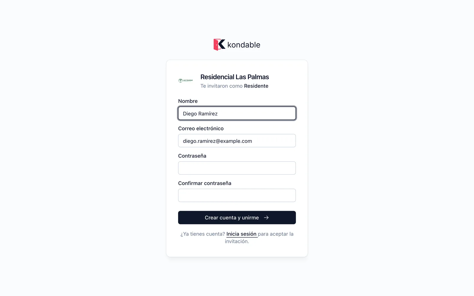 Pantalla para aceptar una invitación a una comunidad