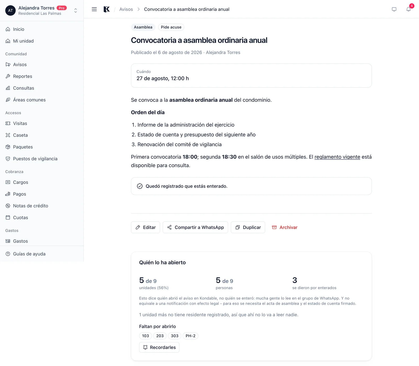 Panel de quién abrió el aviso