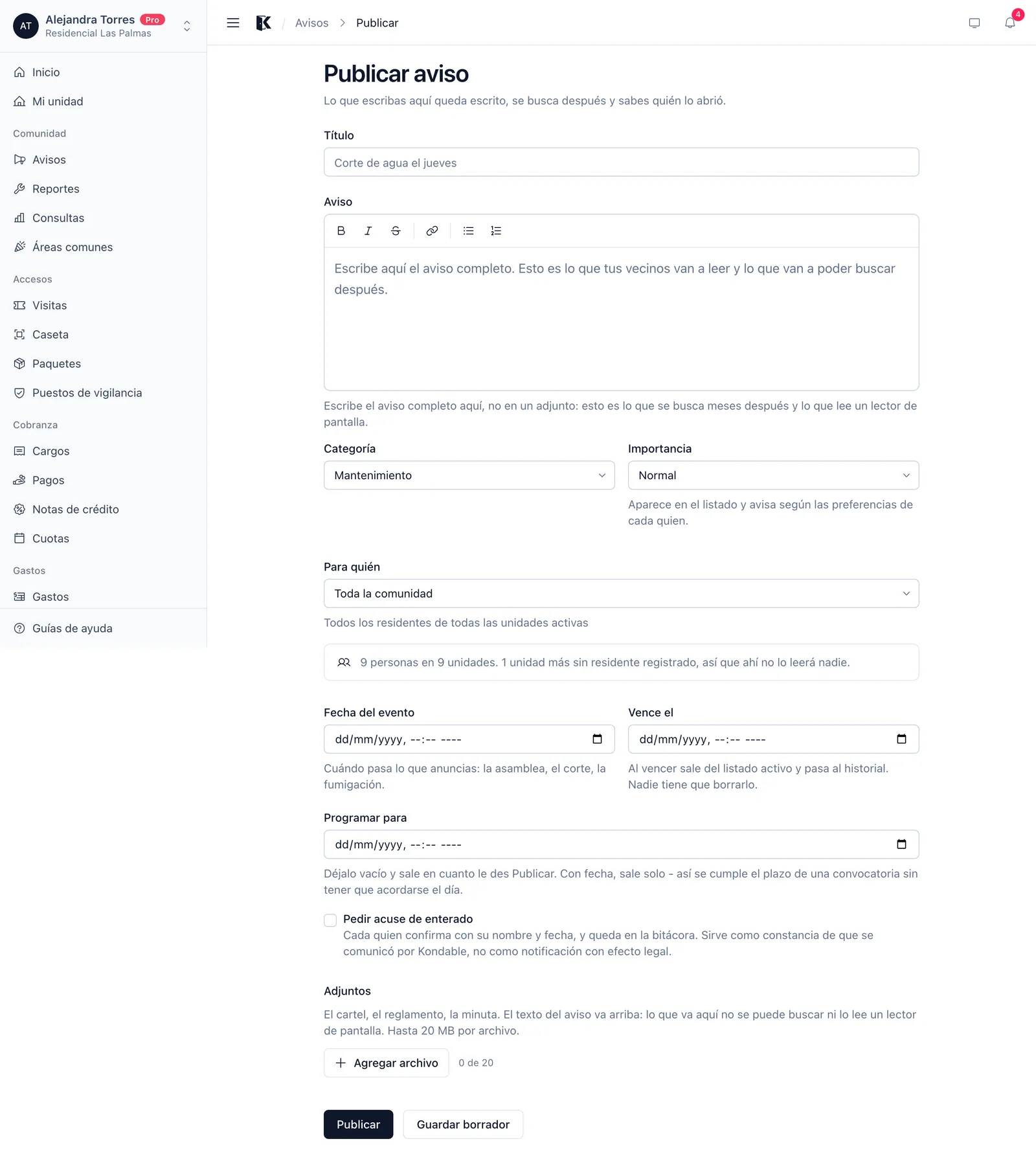 Formulario para publicar un aviso