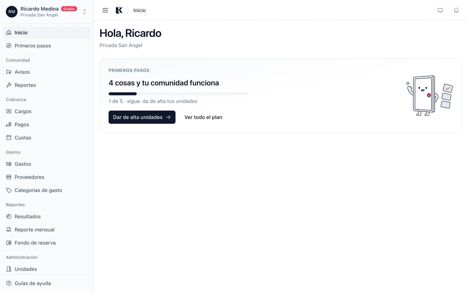 Panel principal de una comunidad recién creada