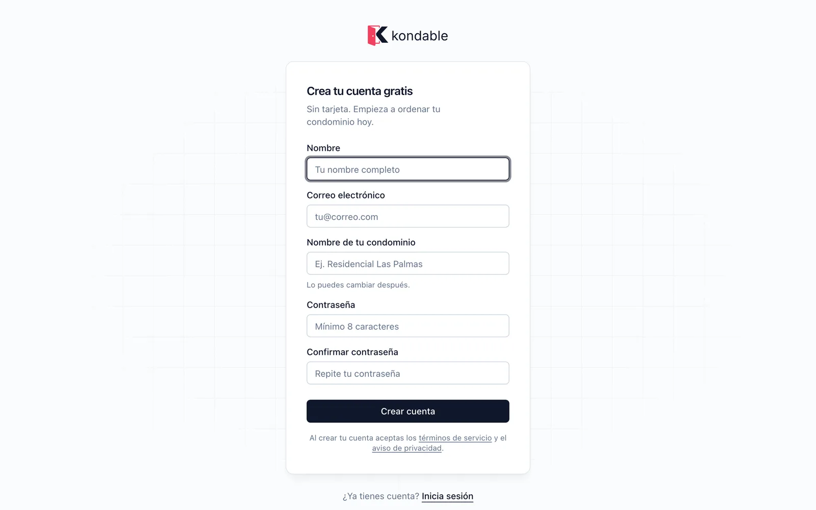 Formulario de registro de Kondable