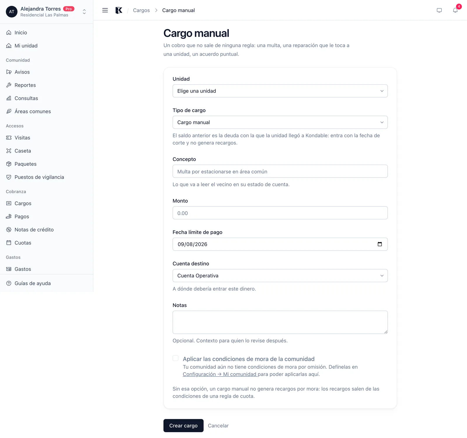 Formulario de un cargo manual