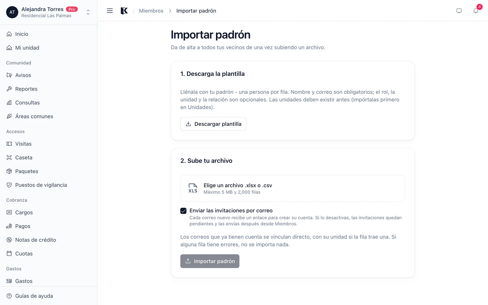 Importar el padrón de miembros desde un archivo de Excel