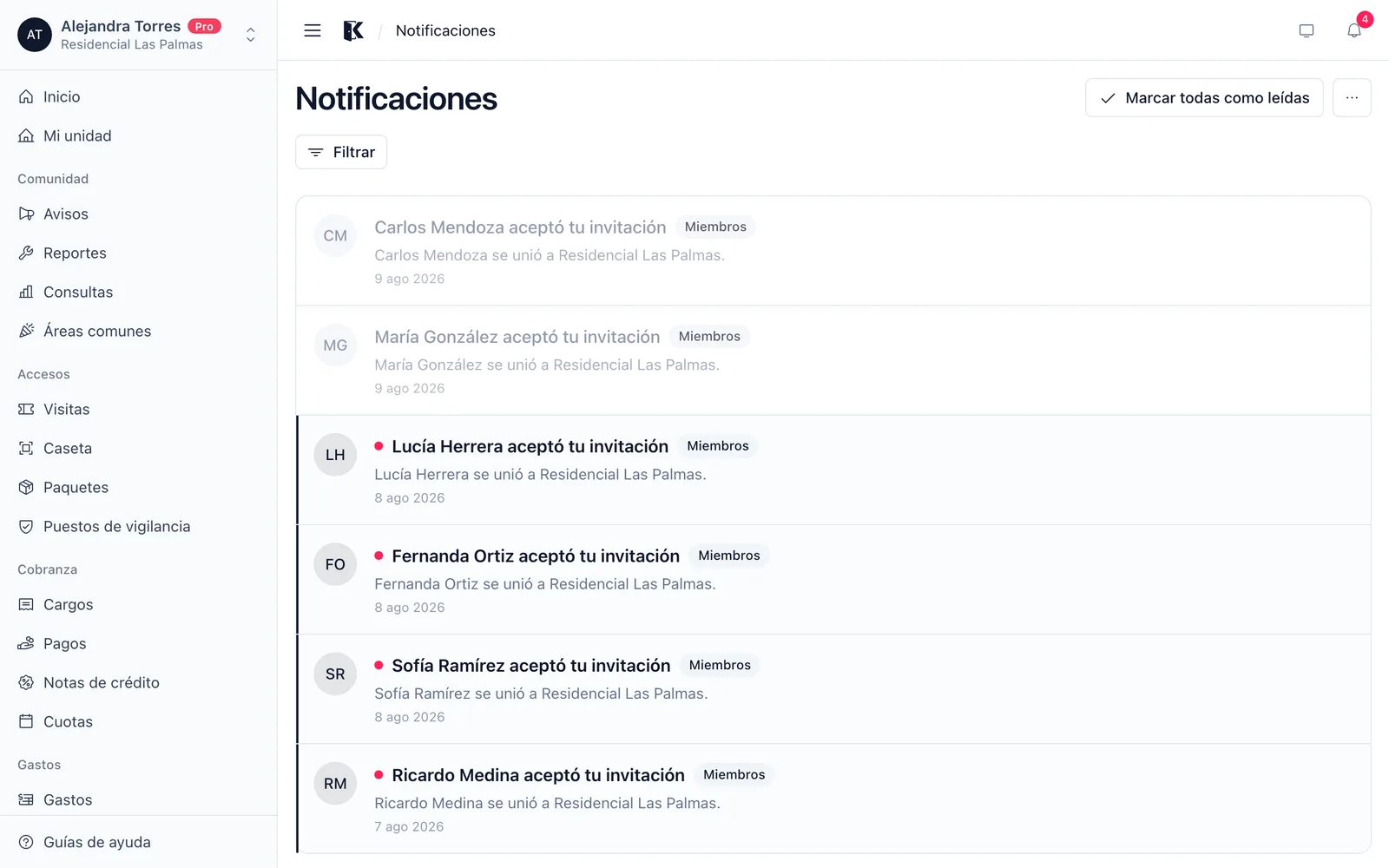 Bandeja de notificaciones con avisos sin leer