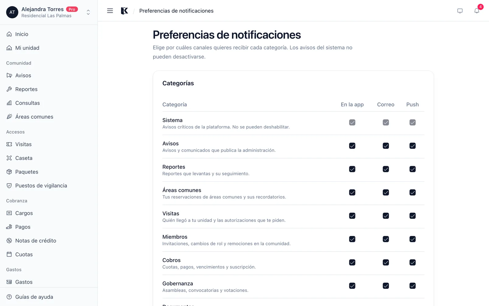 Preferencias de notificación por tipo y canal