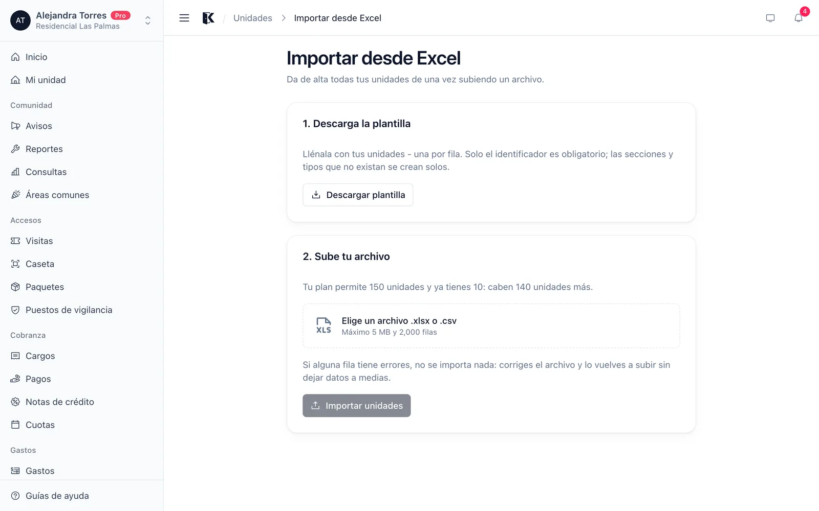 Importar unidades desde un archivo de Excel