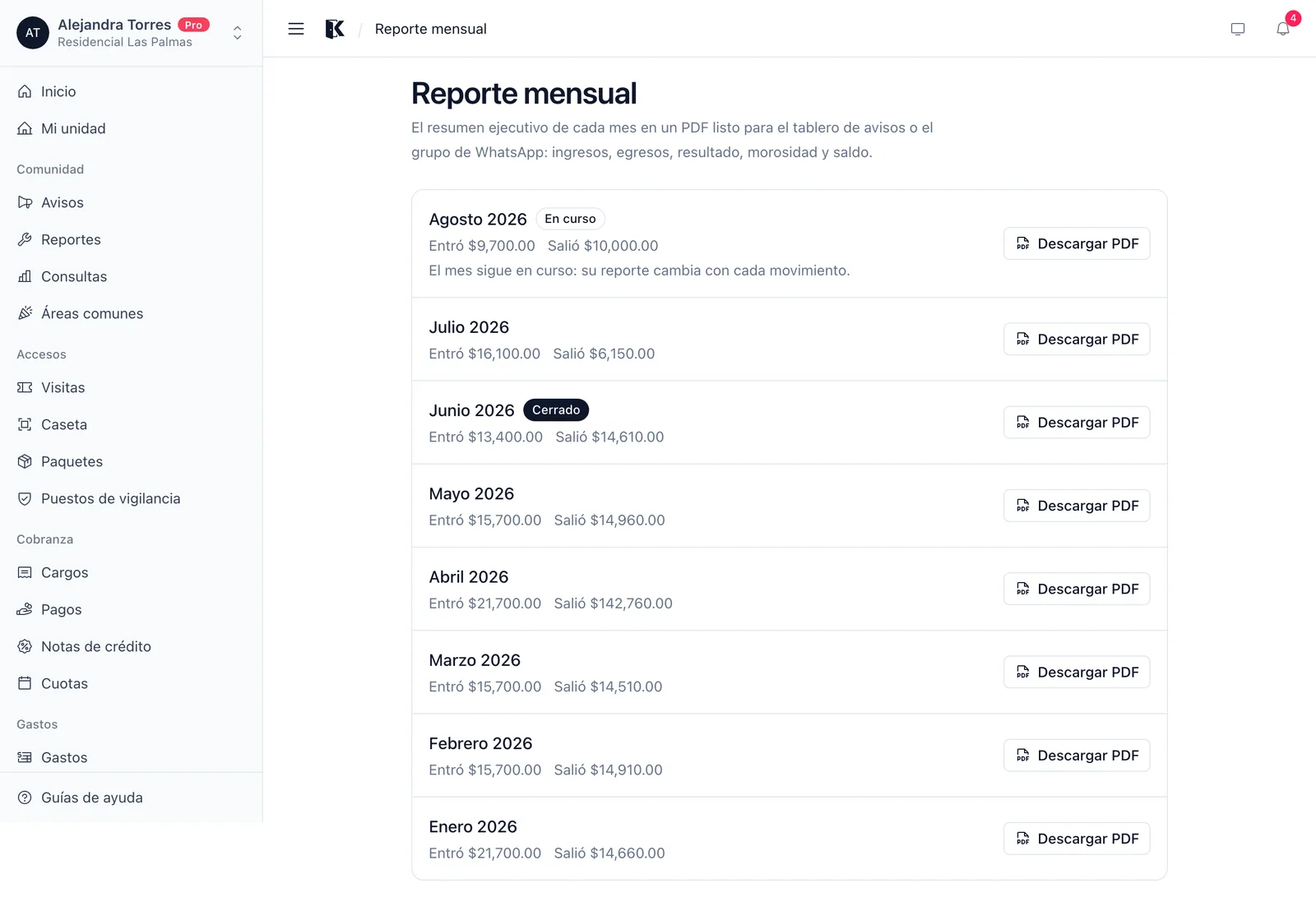 Lista de meses con su reporte descargable