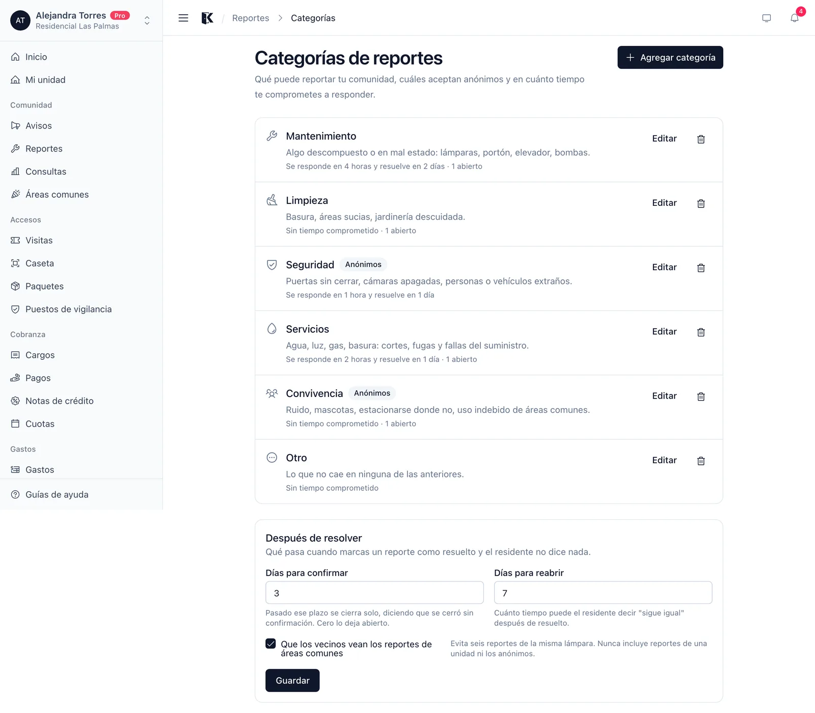 Categorías de reportes