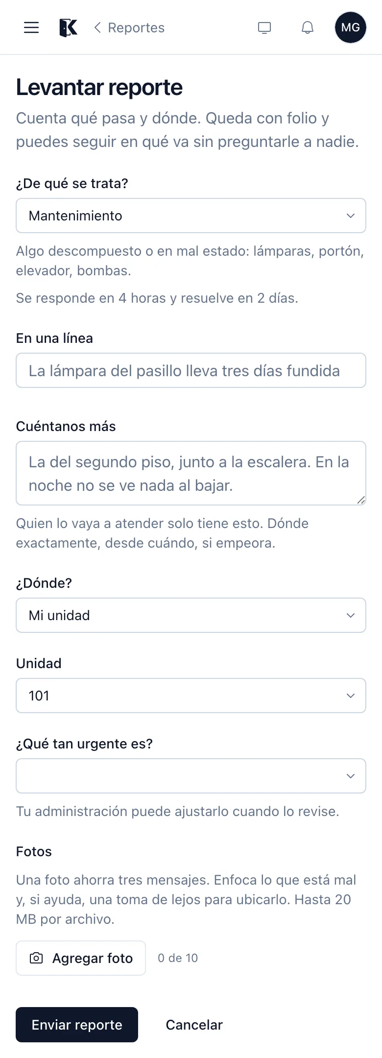 Formulario para levantar un reporte