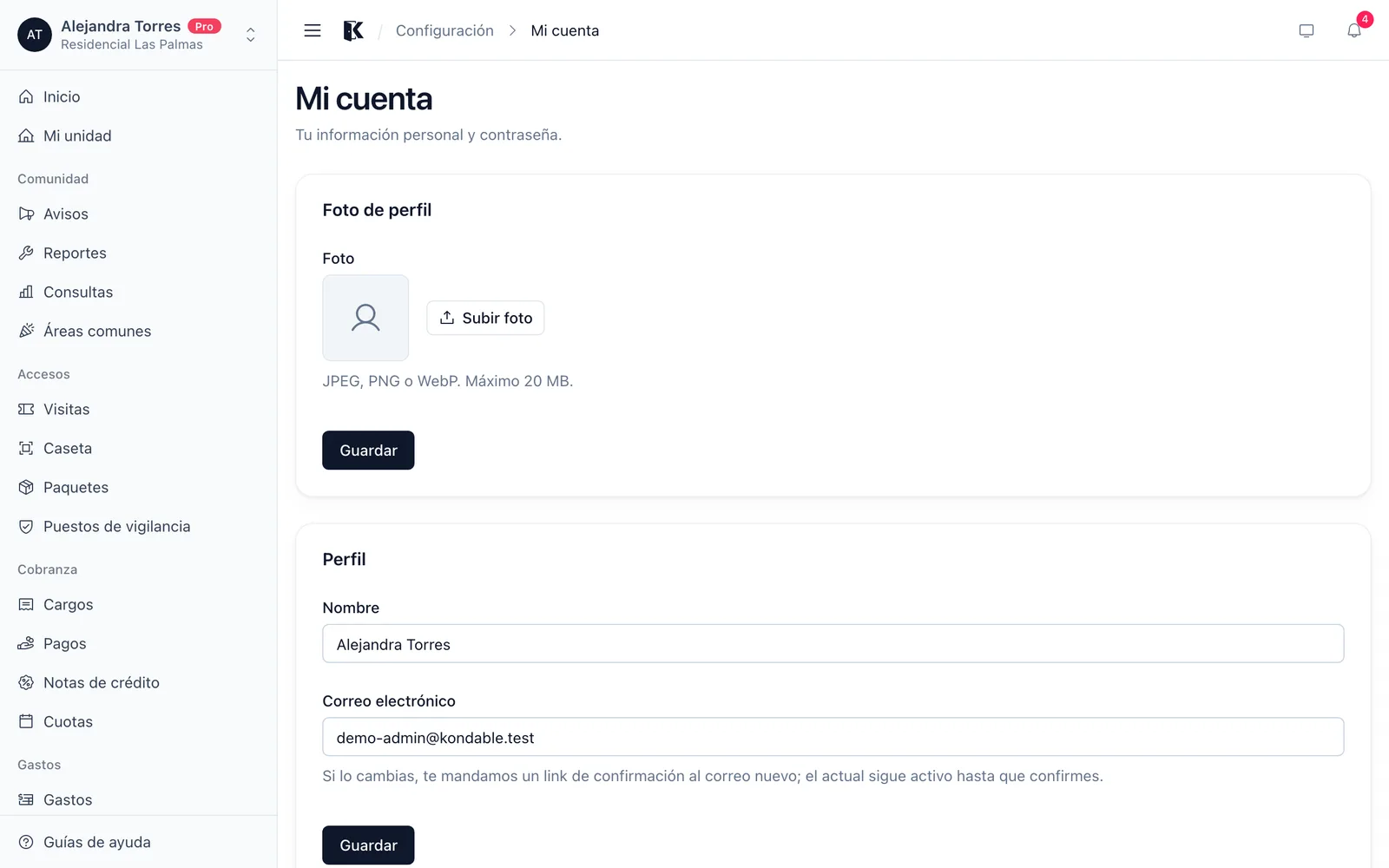 Sección Mi cuenta con la foto de perfil