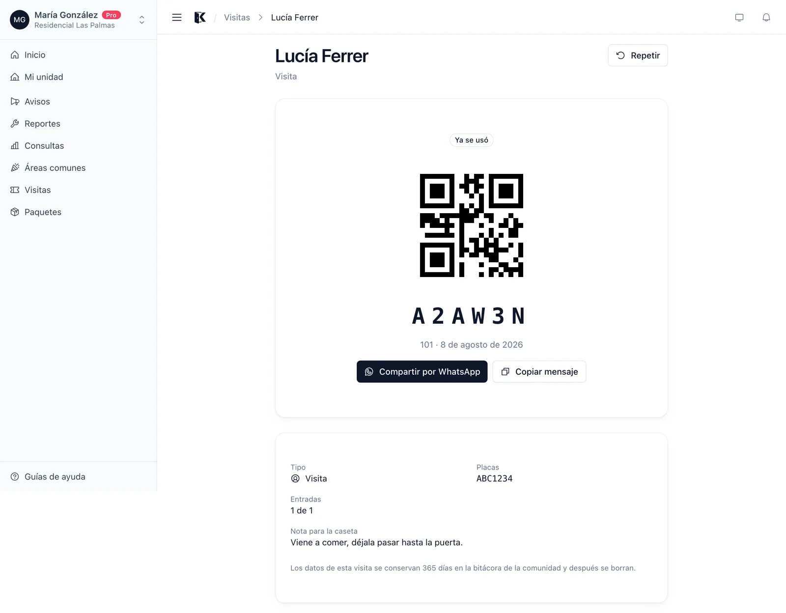 El pase con su QR y su código