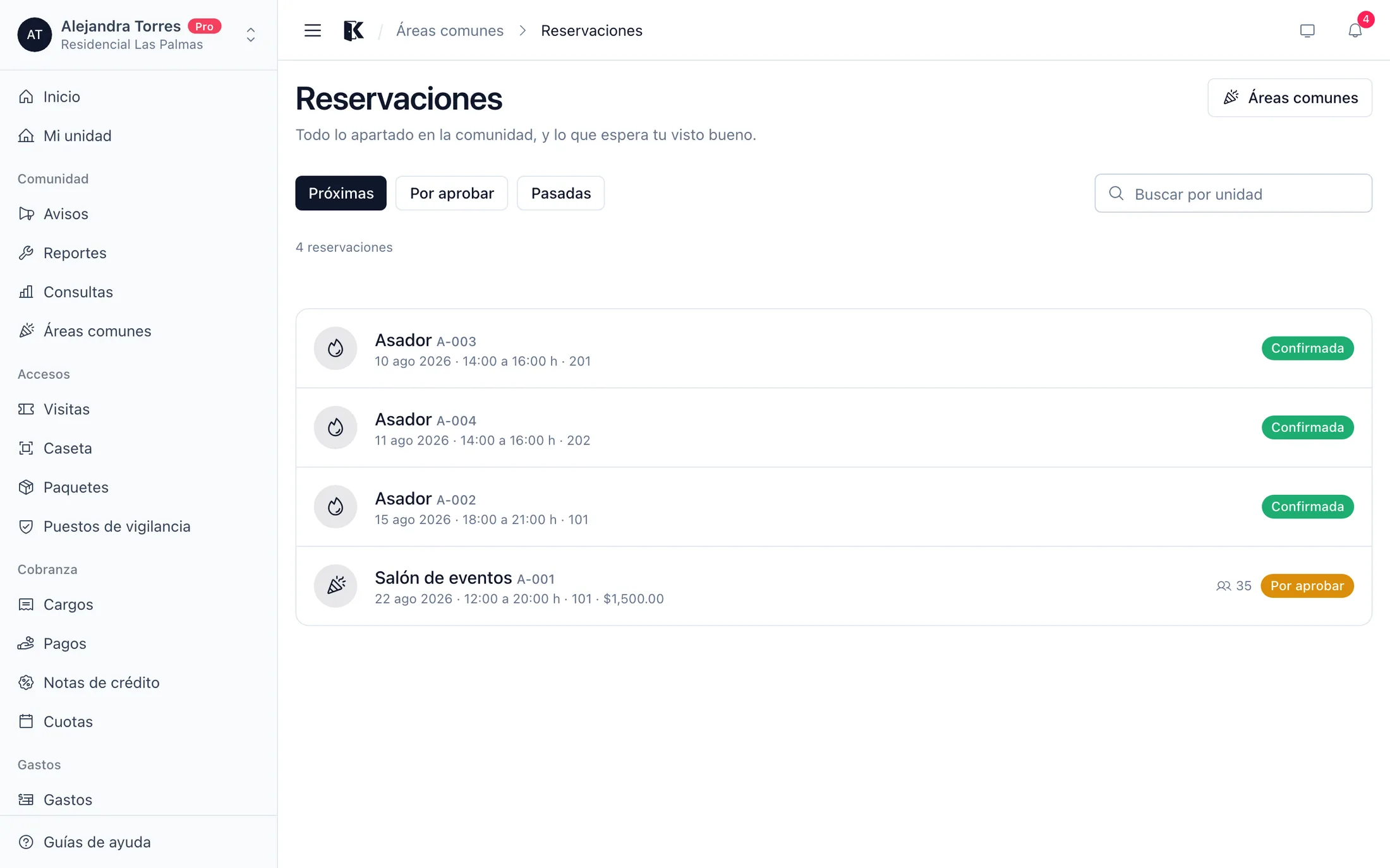 El calendario de reservaciones de las áreas comunes