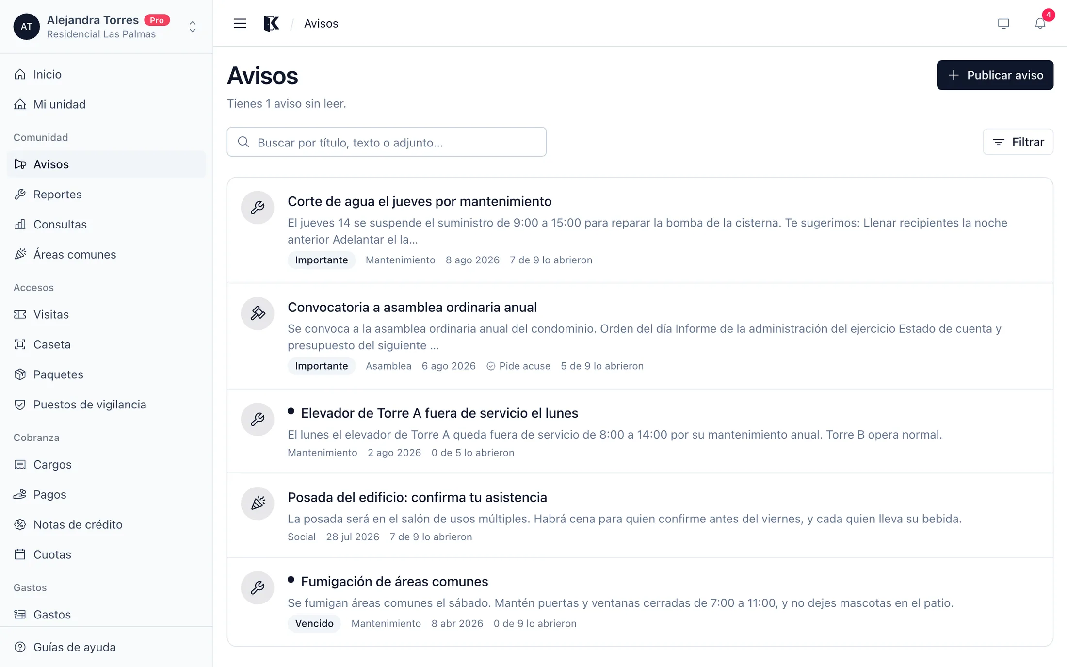 El listado de avisos de la comunidad con su estado de lectura