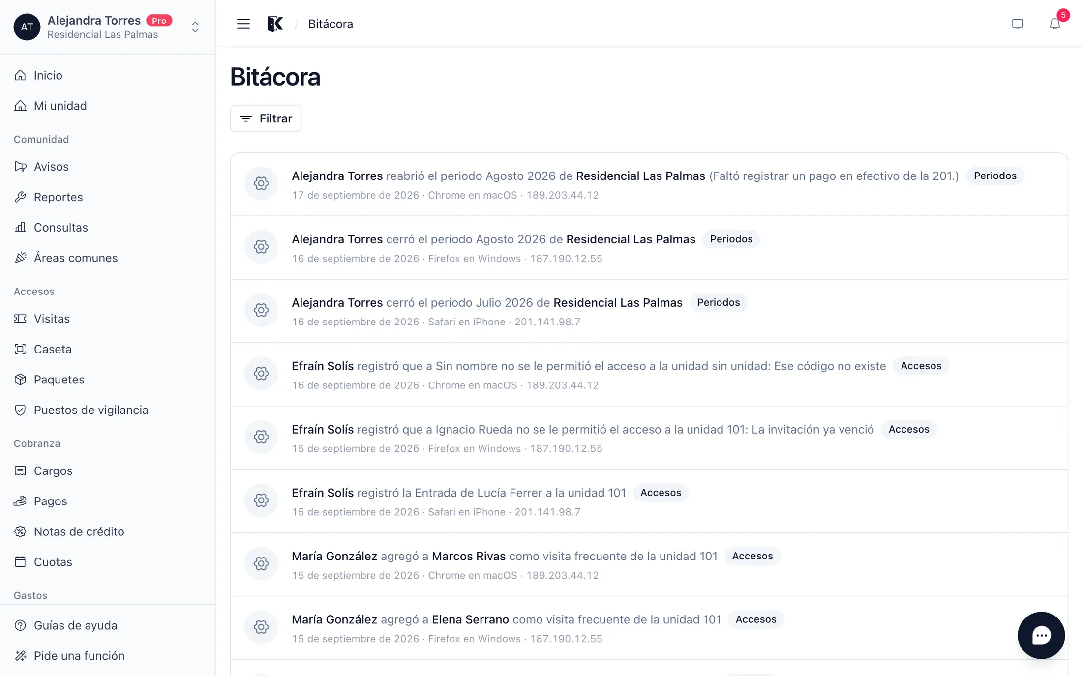 La bitácora de la comunidad con cierres de periodo y accesos registrados