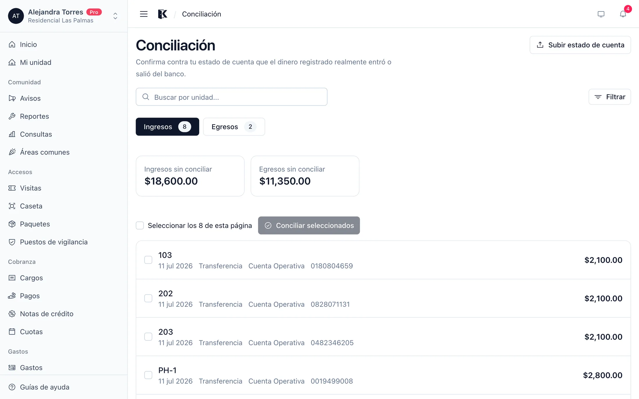 La pantalla de conciliación con los movimientos pendientes contra el banco