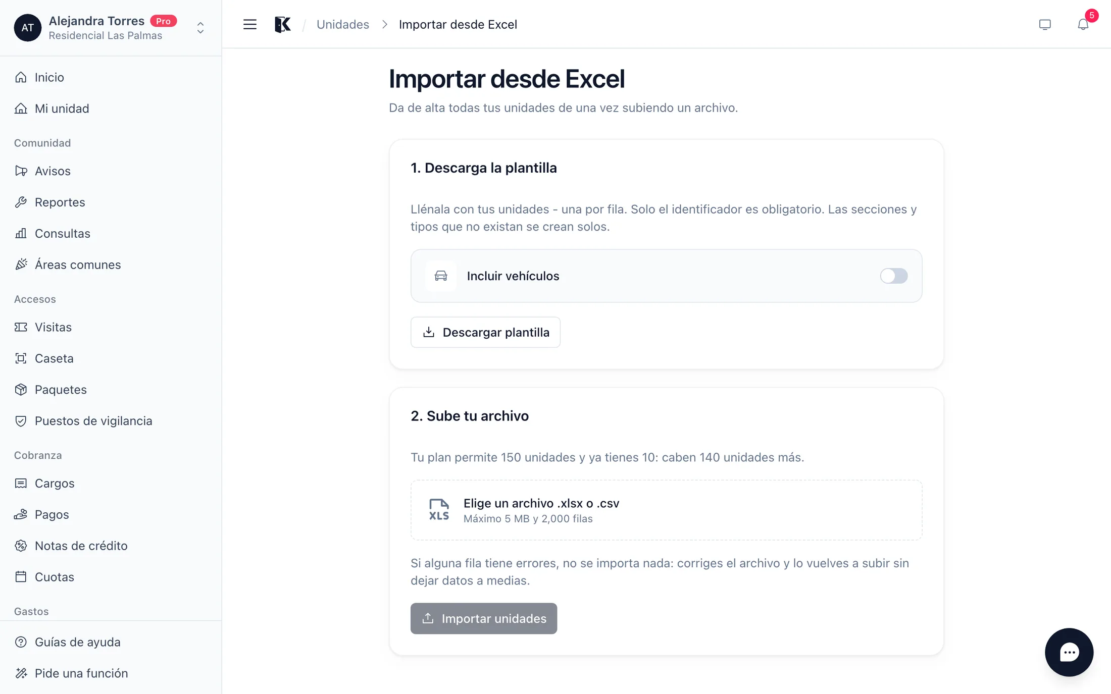 La pantalla para importar unidades desde Excel con su plantilla