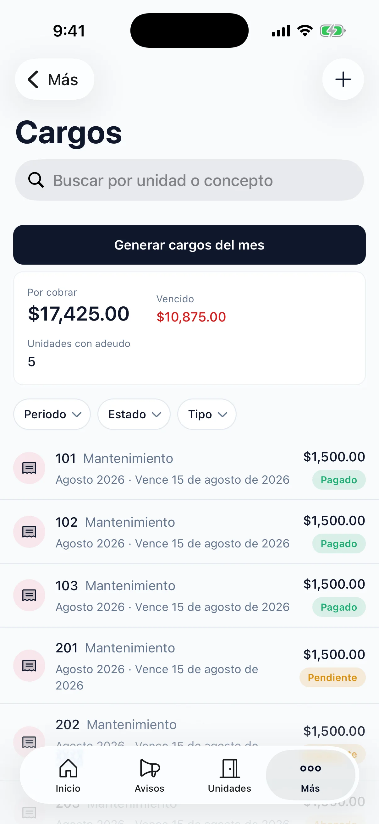 Los cargos del mes en la app, con lo cobrado y lo vencido