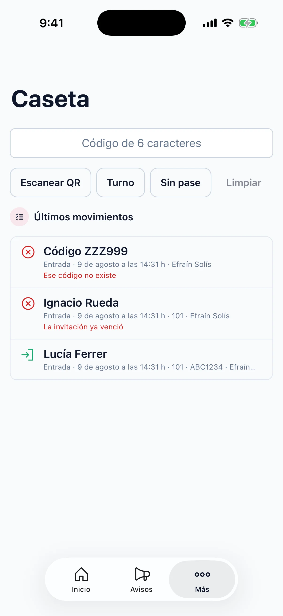 La caseta validando un código en la app