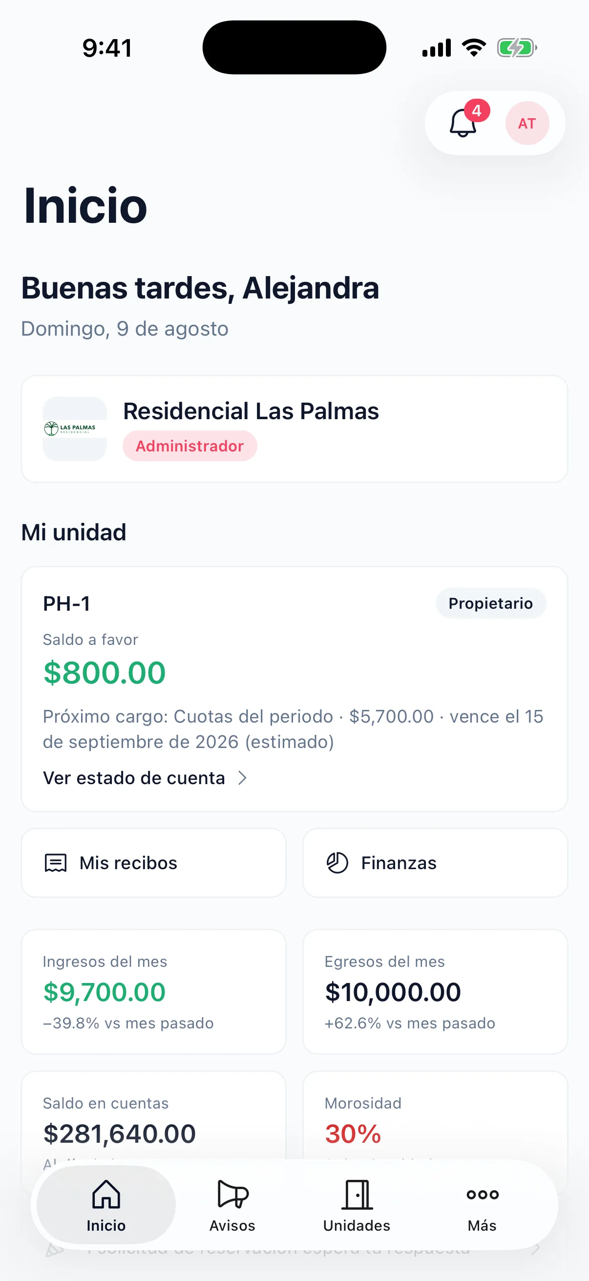 El inicio de la app: saldo de la unidad, ingresos y egresos del mes