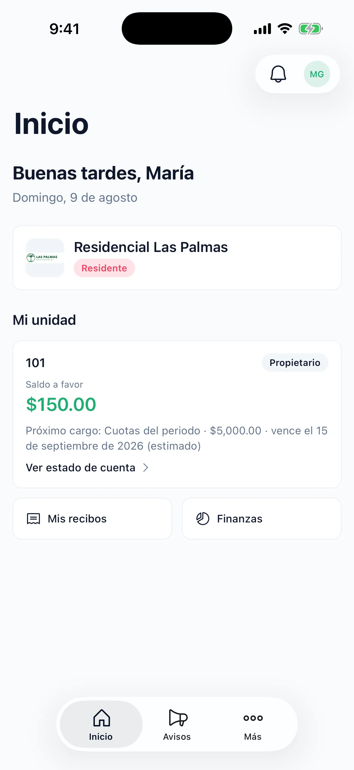 La vista del residente: su unidad, su saldo y sus recibos