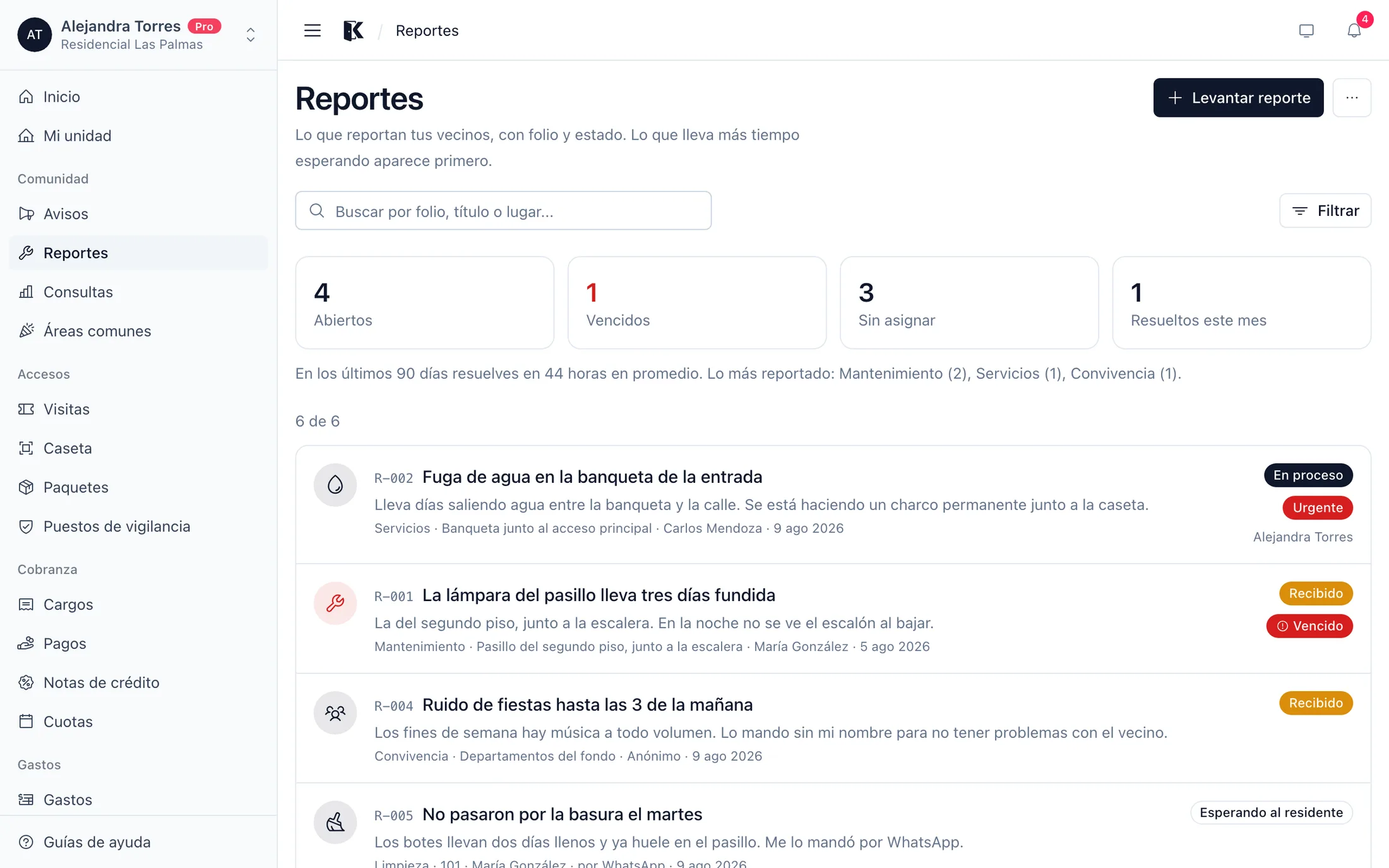 La lista de reportes de la comunidad con su folio y su antigüedad